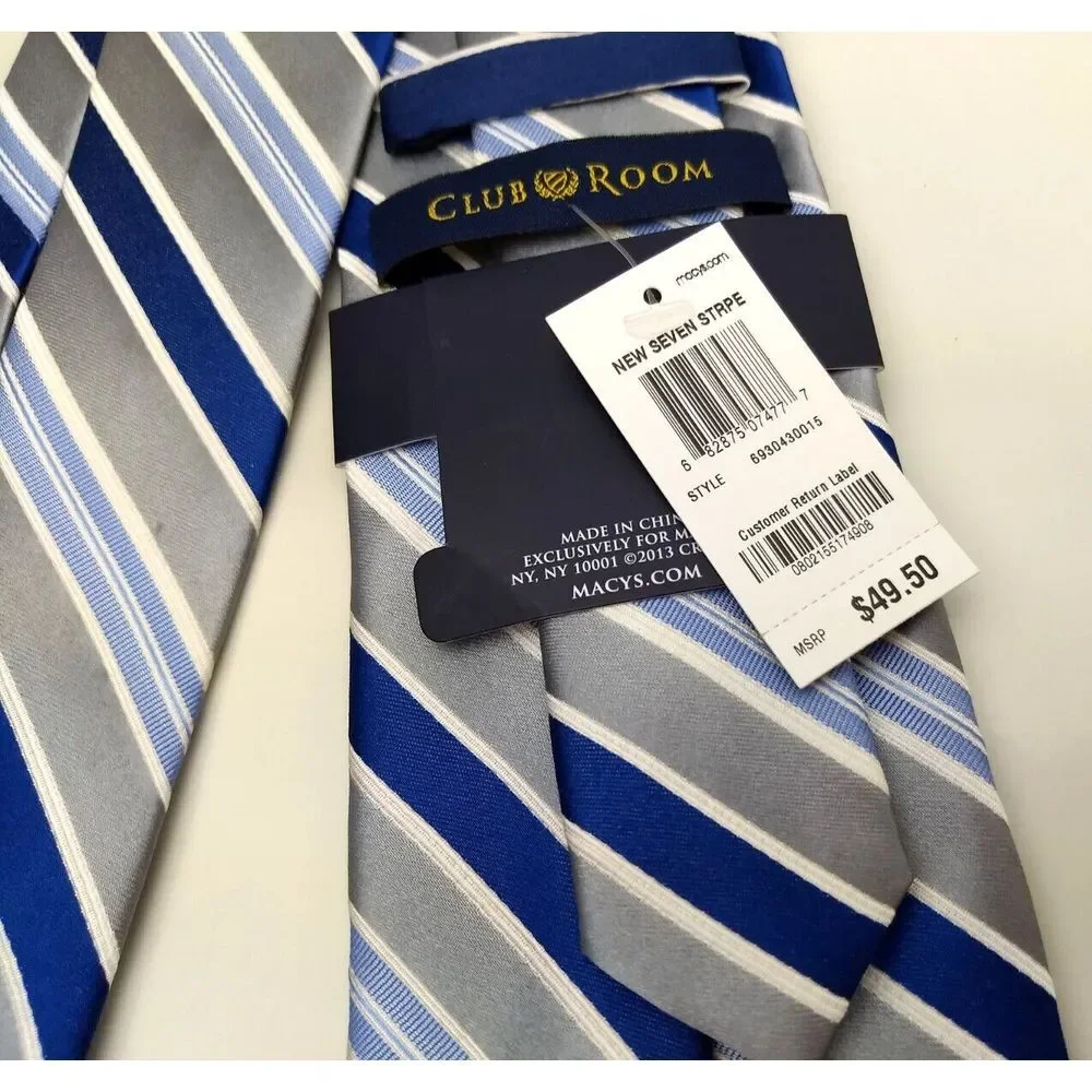 CLUB‎ ROOM 100% Silk Tie Estate Neckwear Seven Stripe Blue White Silver NWT
